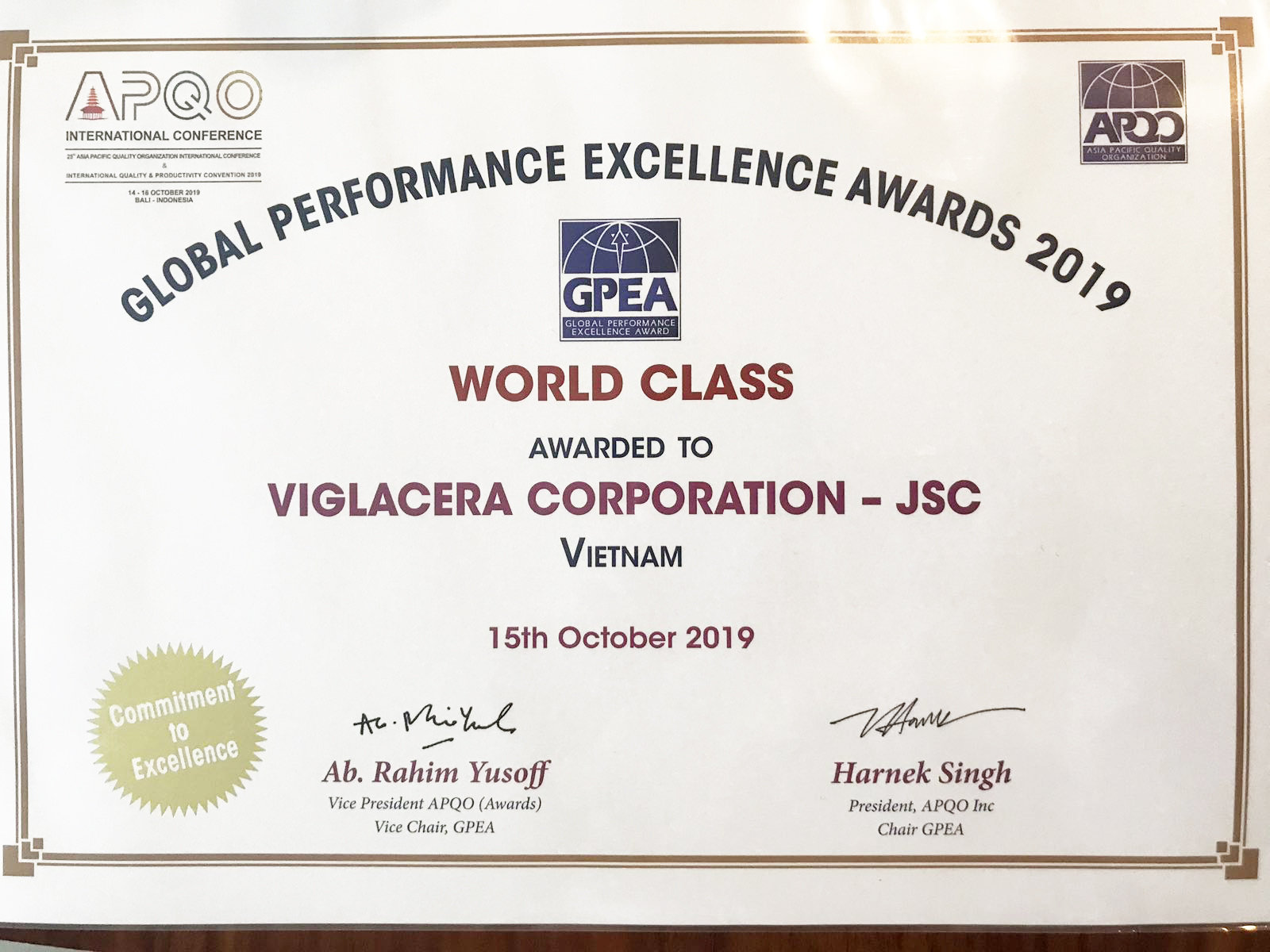Tổng công ty Viglacera – CTCP nhận Giải thưởng Chất lượng quốc tế Châu Á – Thái Bình Dương 2019 hạng World Class